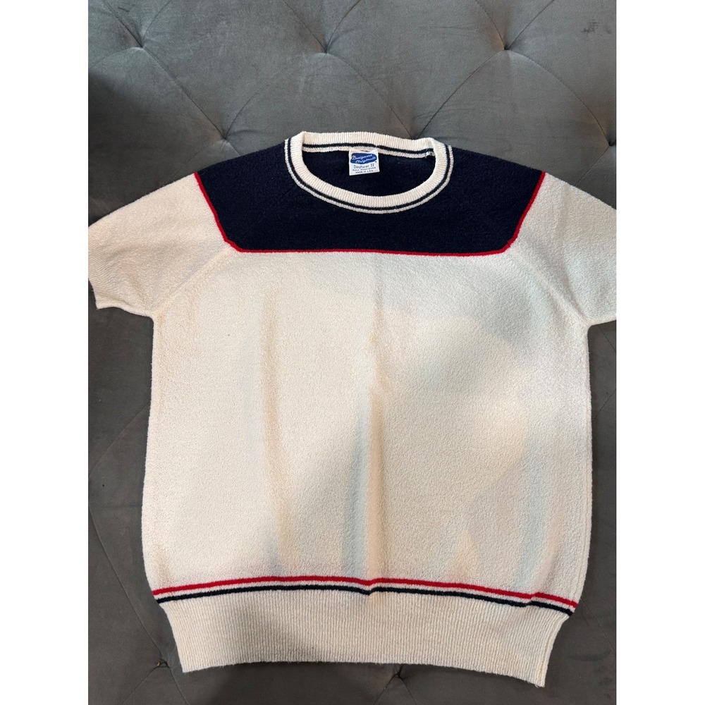 Vintage Designers Originals Dayfarer II Short Sleeve Knit Sweater Cream Navy Red